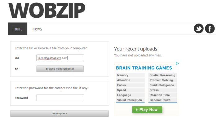 Descomprimir archivos Rar y Zip totalmente online, WobZip