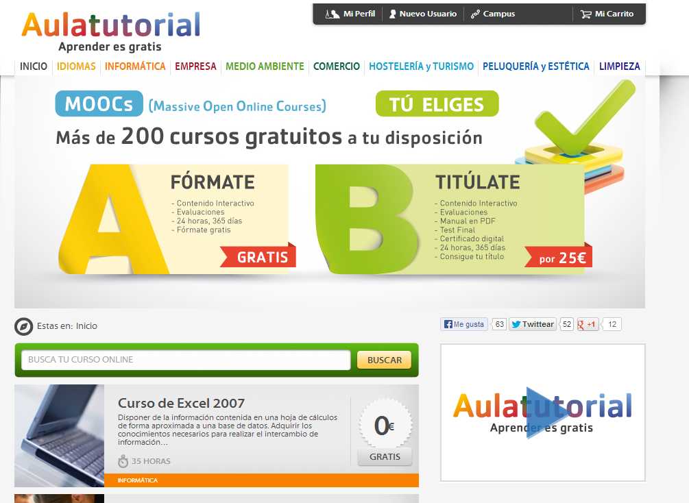 Aulatutorial, cursos gratis para aprender informática, inglés, hoteleria y más